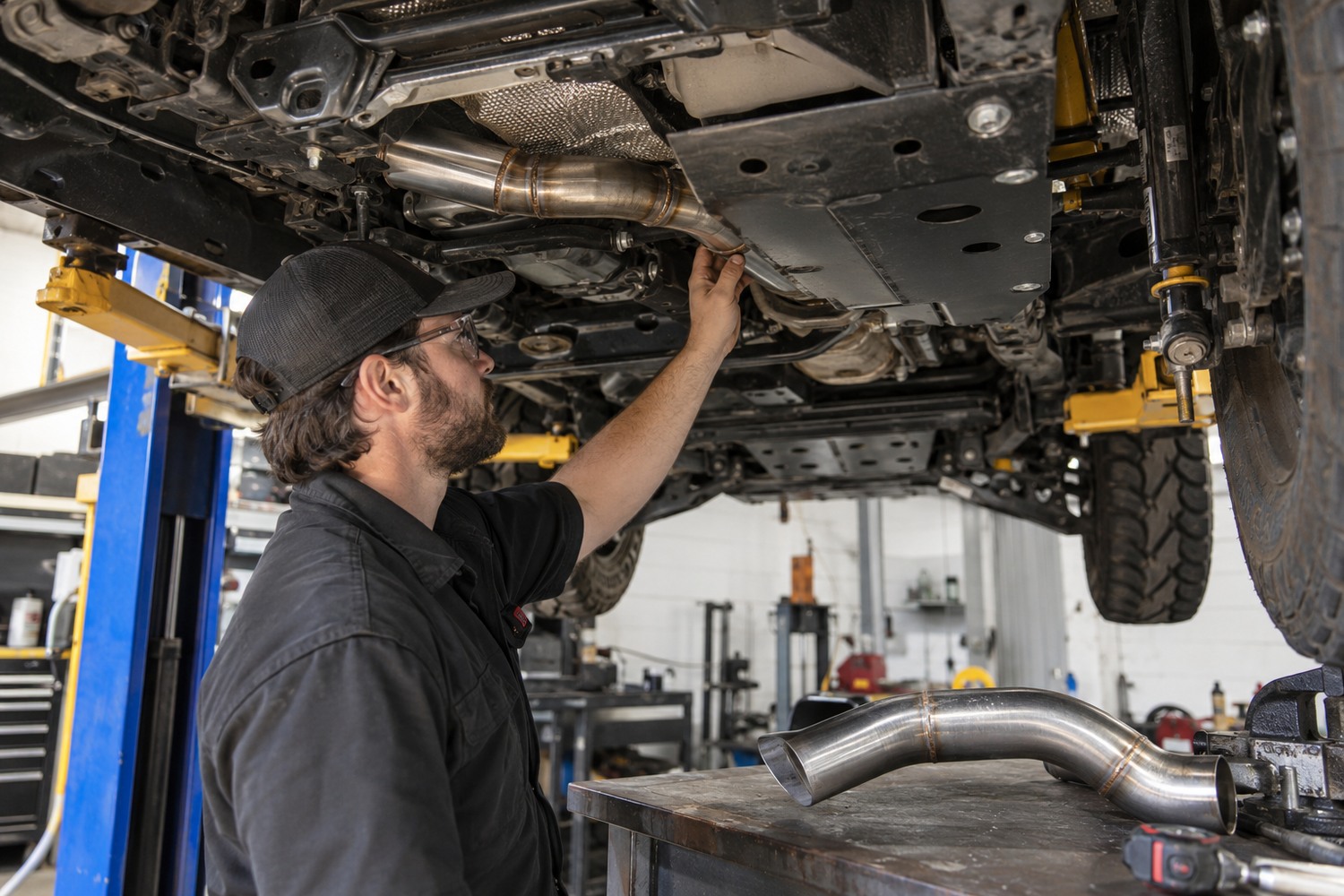 Fabricator checking tight exhaust clearance beneath a modified four-wheel drive.