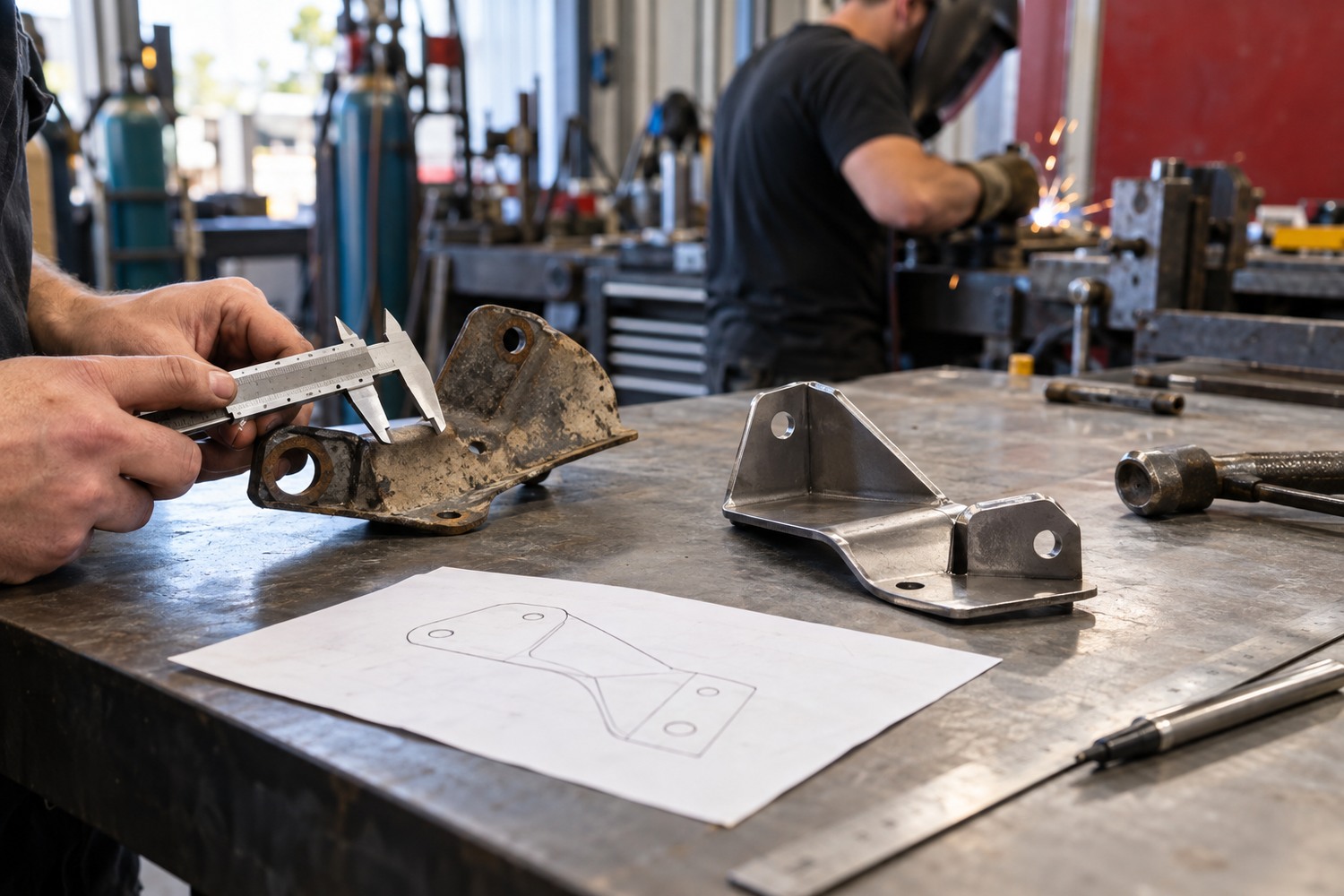 Worn metal bracket measured against a sketch and newly fabricated replacement.
