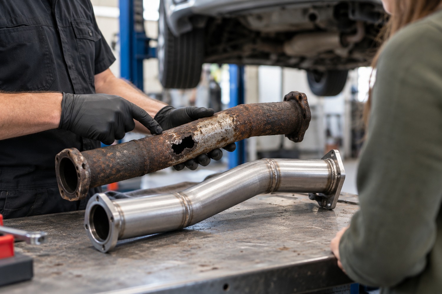 Technician showing a removed rusted exhaust section beside a replacement pipe.