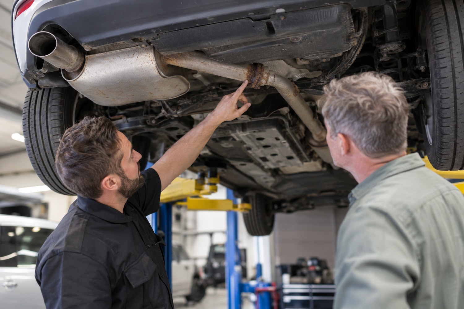 Specialist and car owner examining the rear exhaust before a quote.