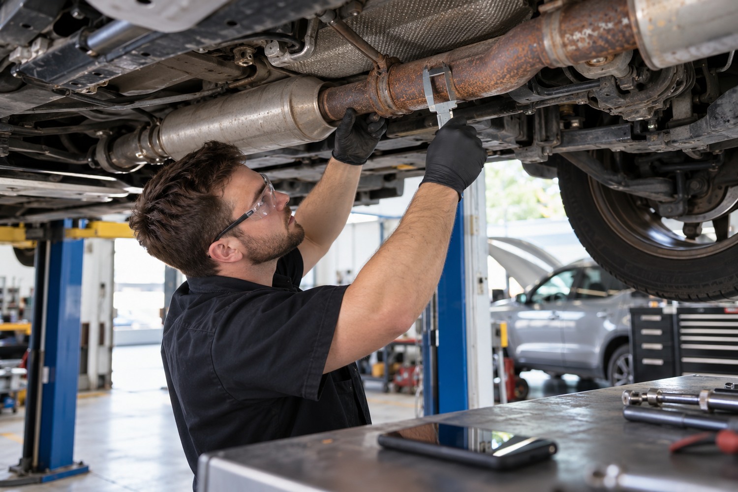 Exhaust specialist measuring a corroded pipe beneath a safely hoisted car.