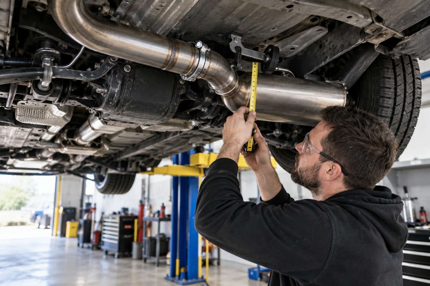 Fabricator measuring a pipe join and hanger beneath a car.