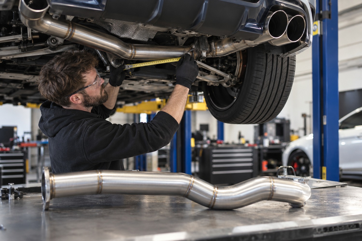 Fabricator measuring a car's existing exhaust before shaping a replacement section.
