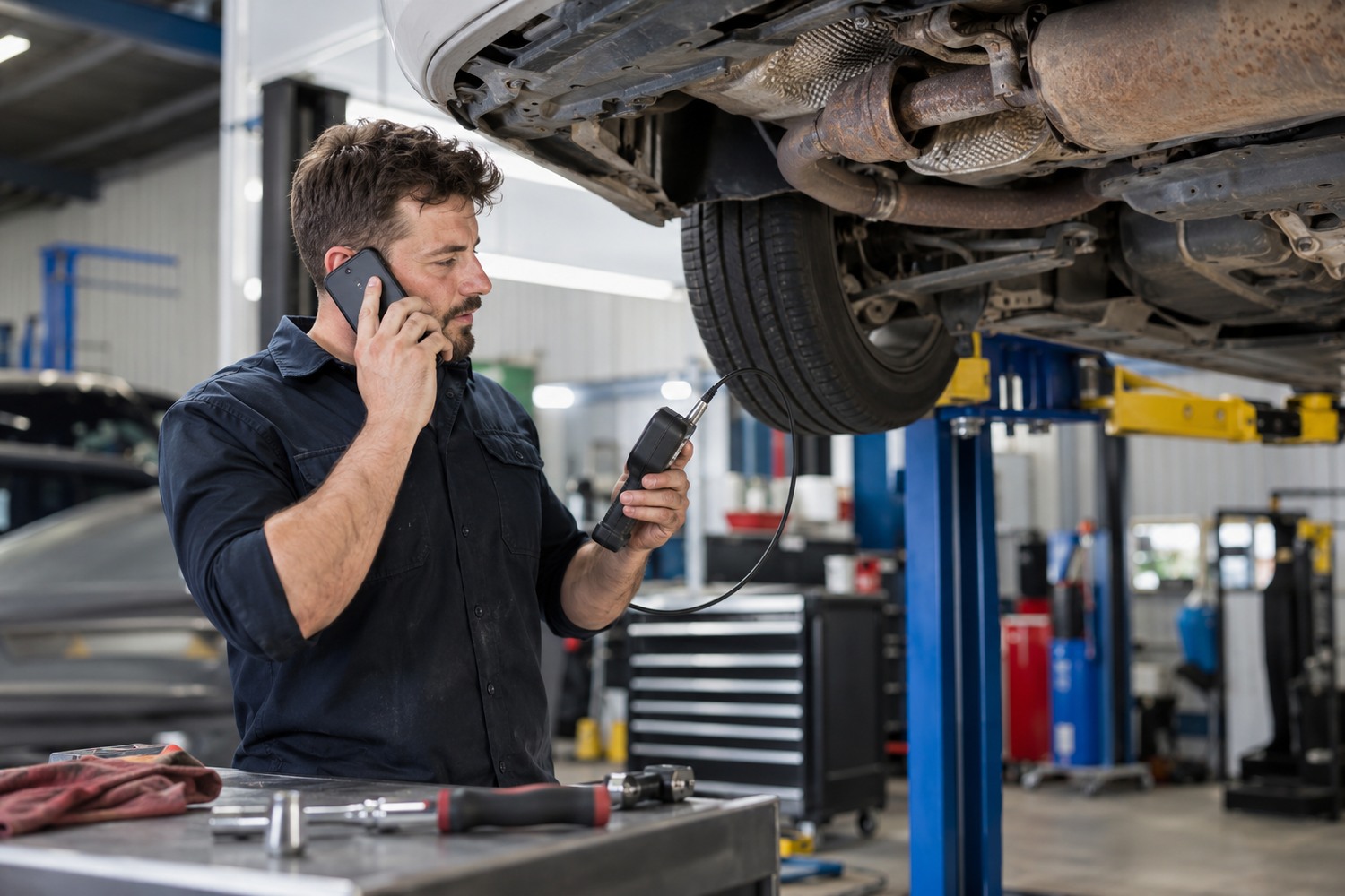 Exhaust technician calling a customer after finding additional pipe corrosion.