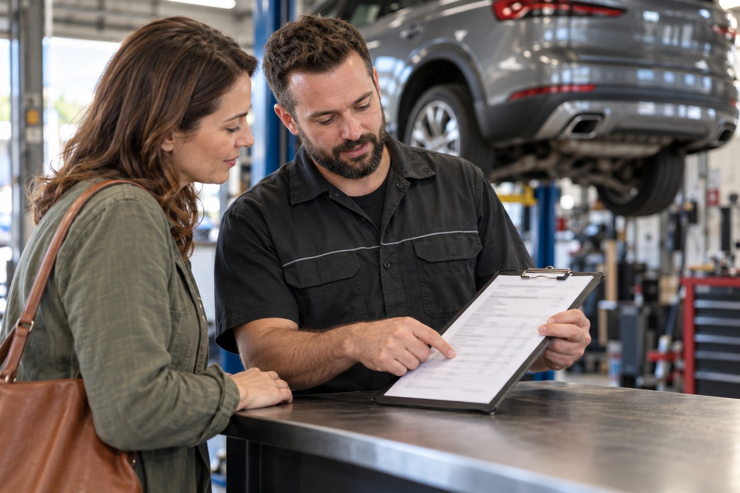 Exhaust specialist and owner reviewing an itemised invoice at a workshop counter.