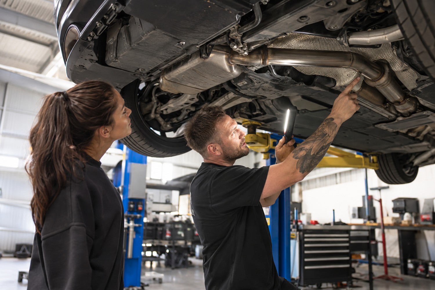 Customer and fabricator inspecting the exhaust routing on a raised car.
