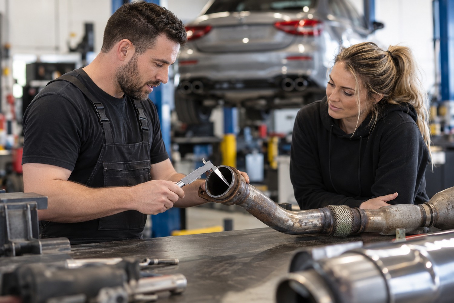 Fabricator measuring a worn exhaust section brought in by a customer.