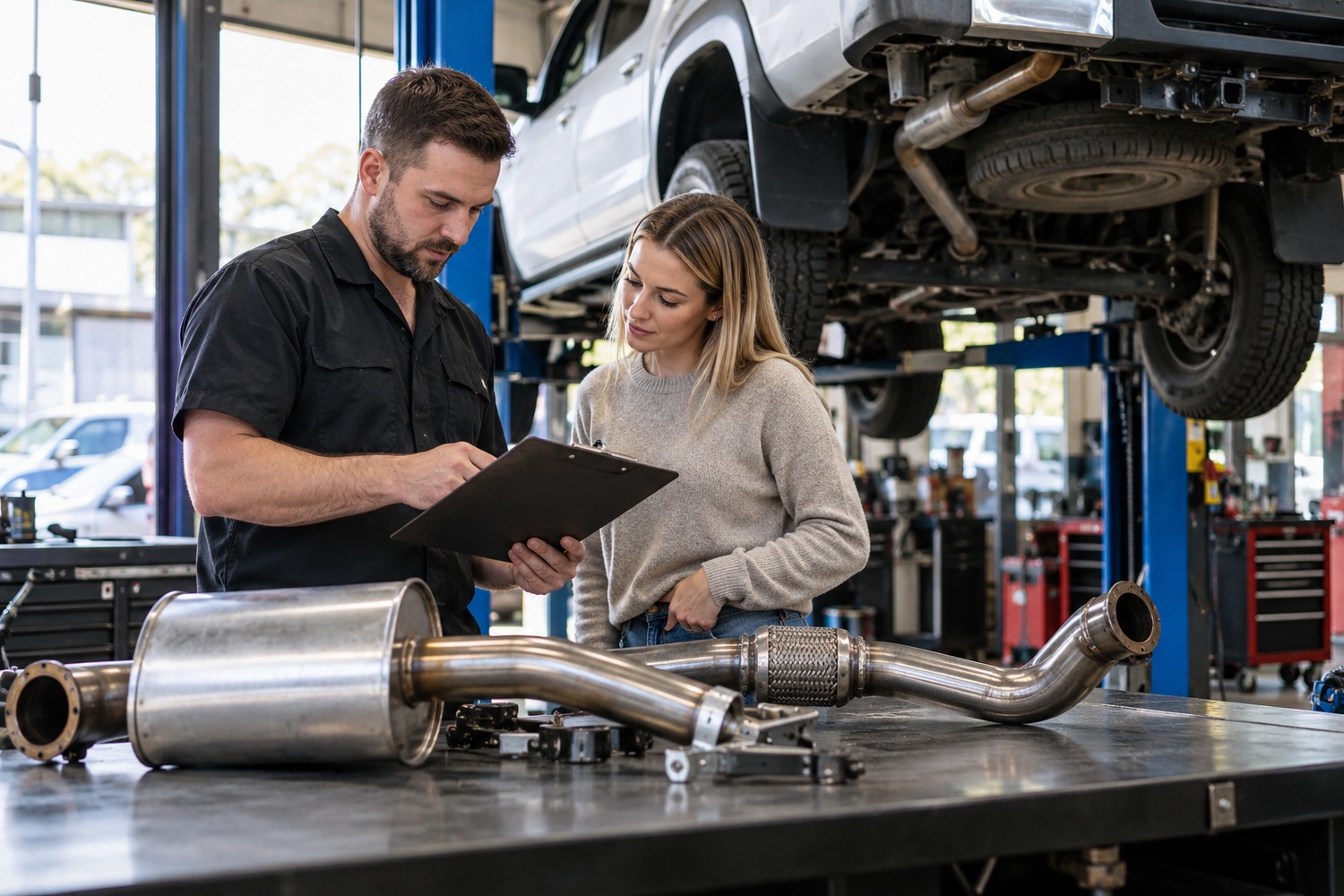 Customer and exhaust specialist reviewing an estimate beside replacement parts.
