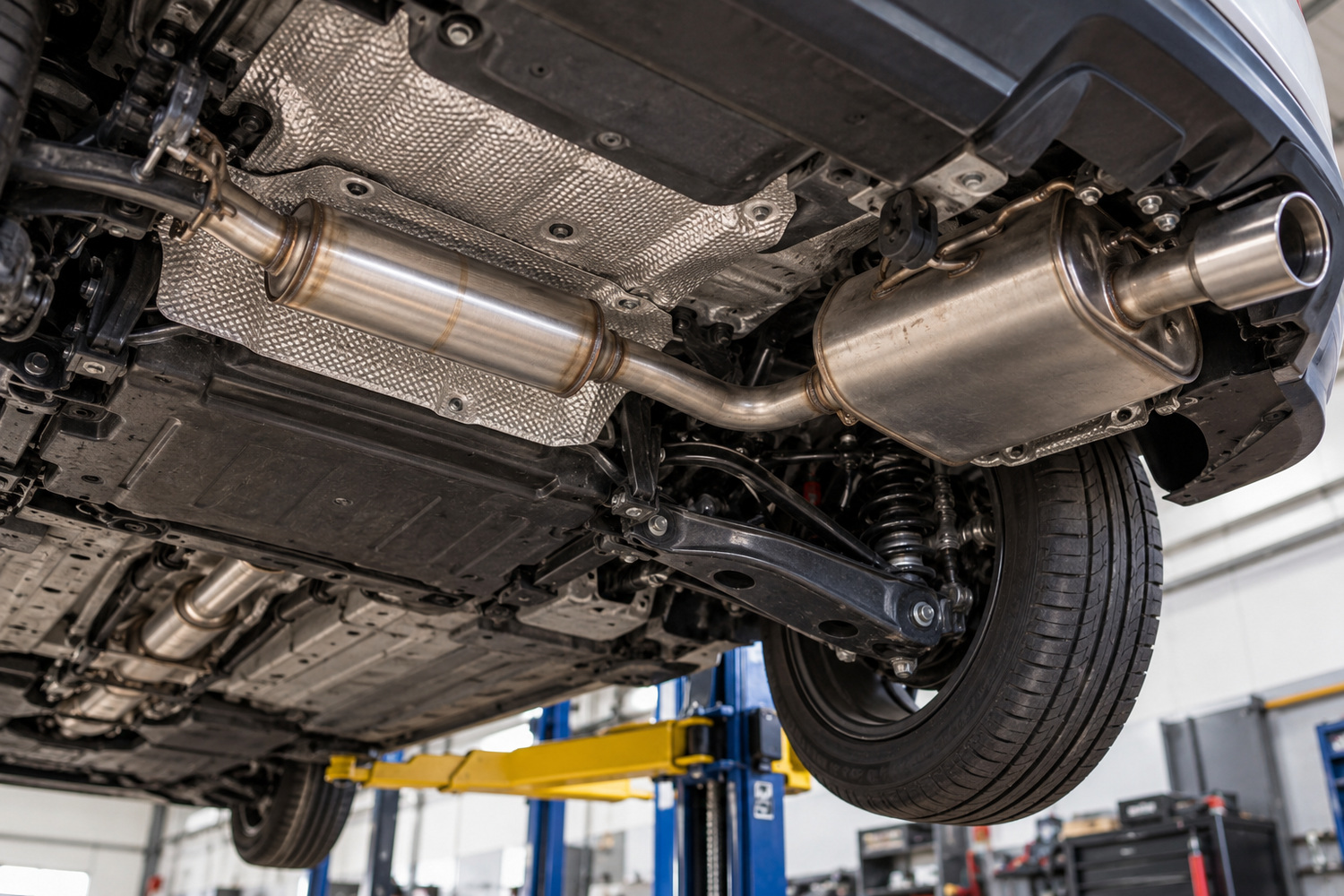 An installed exhaust beneath a car connects an inline resonator to a rear muffler.