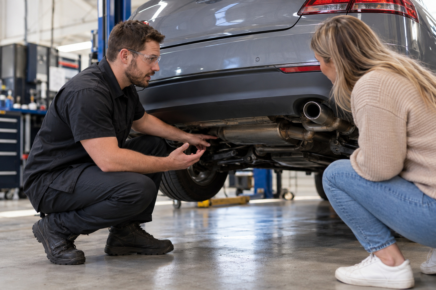 An exhaust technician discusses the rear exhaust area with a car owner in a workshop.
