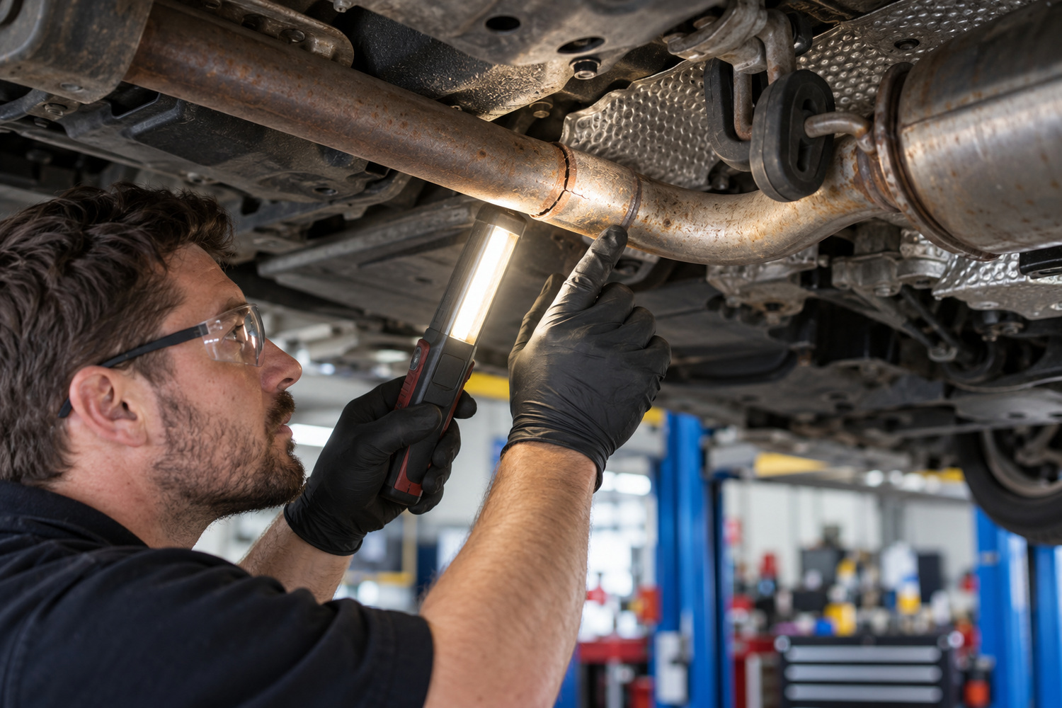 A mechanic examines a split exhaust pipe joint beside a rubber hanger beneath a car.