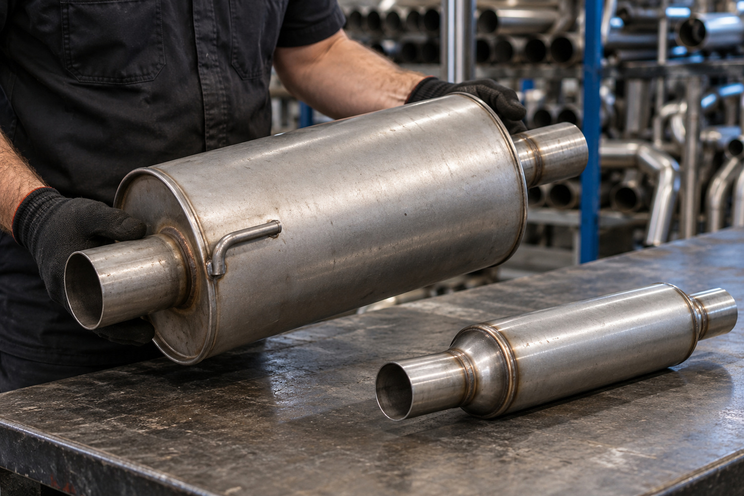 Gloved hands hold a large exhaust silencer beside a smaller cylindrical component on a workbench.
