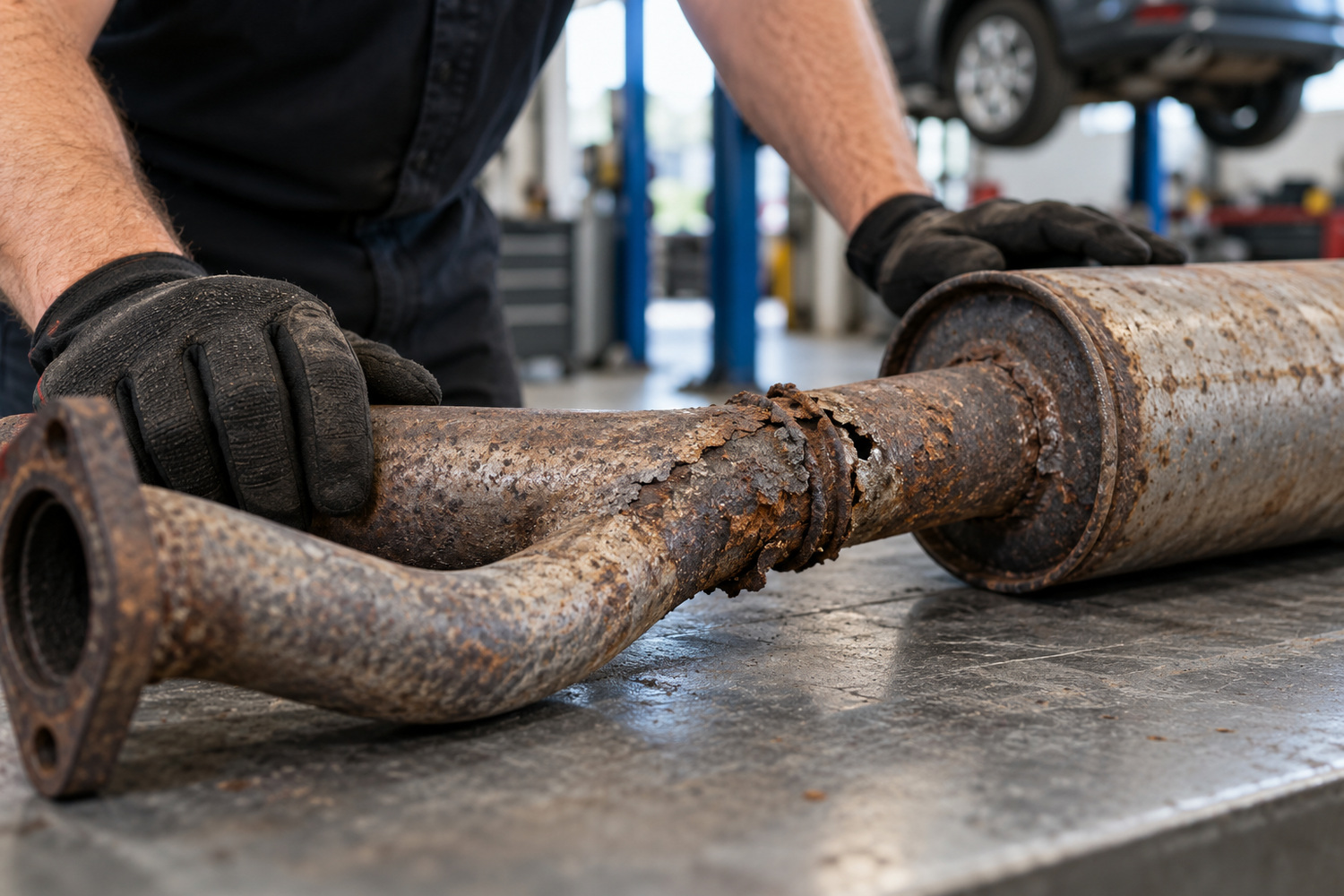 A gloved mechanic steadies a removed exhaust section with flaking corrosion and a perforated joint.
