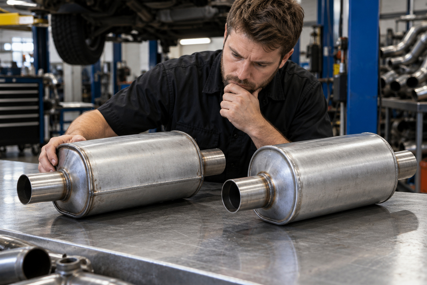 A mechanic compares two exhaust silencer housings with similar external shapes.