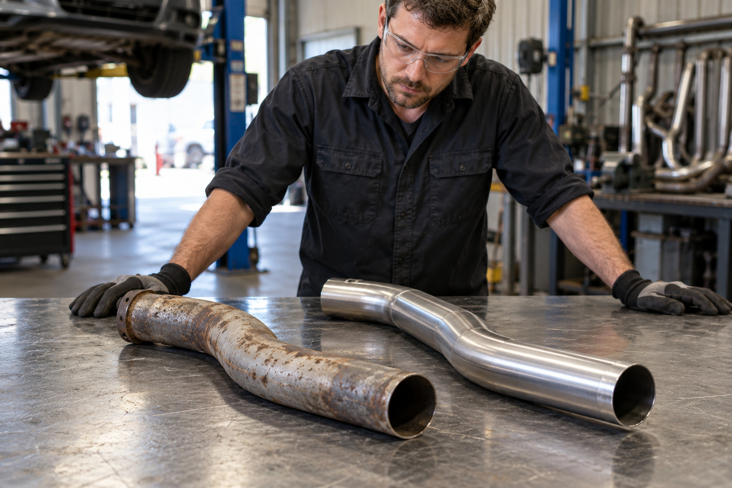 An exhaust technician compares an old bent exhaust pipe with a new stainless pipe on a workbench.