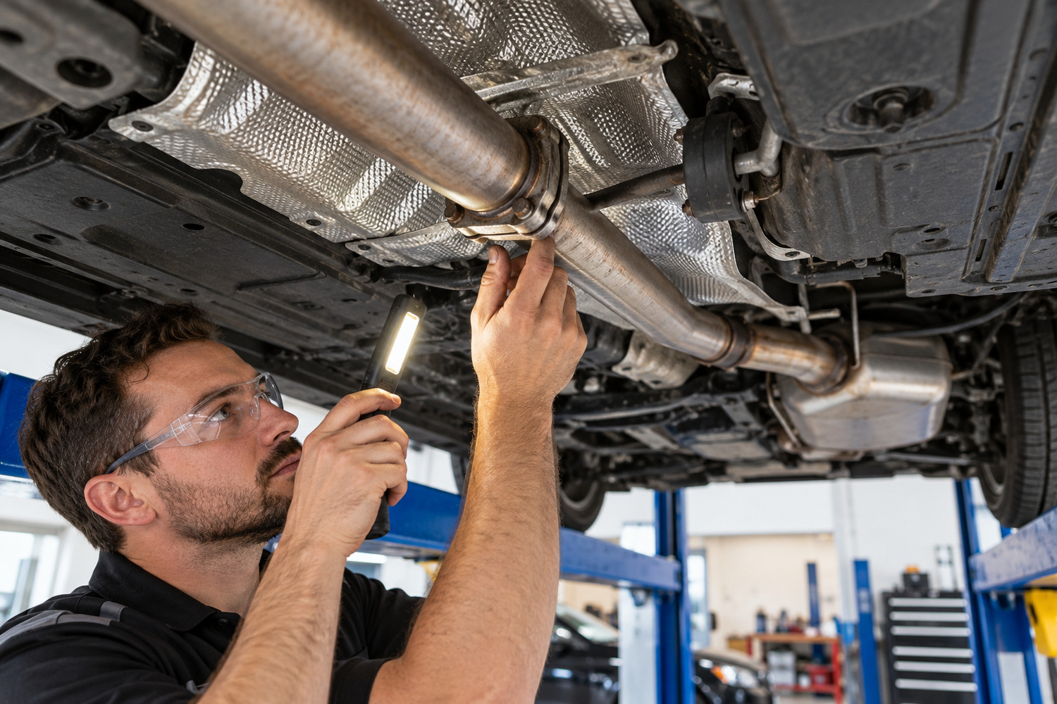 A mechanic checks an intermediate exhaust joint with a lamp, with the rear muffler visible farther along the system.