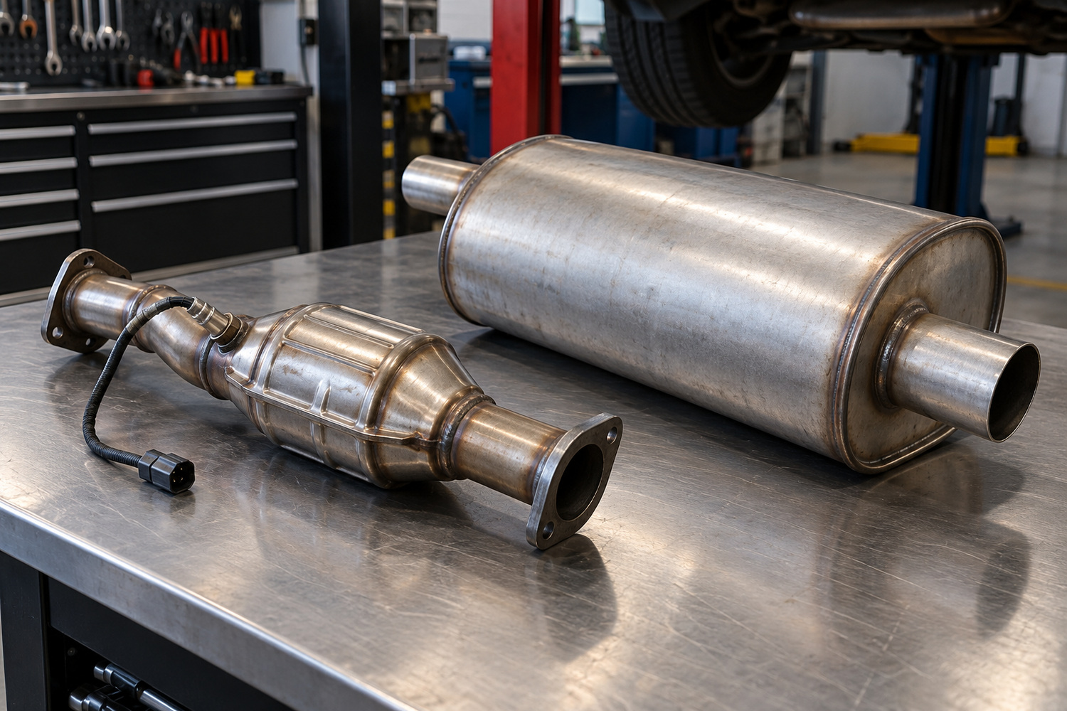 A catalytic converter with an oxygen sensor and a separate muffler sit on a workshop bench.