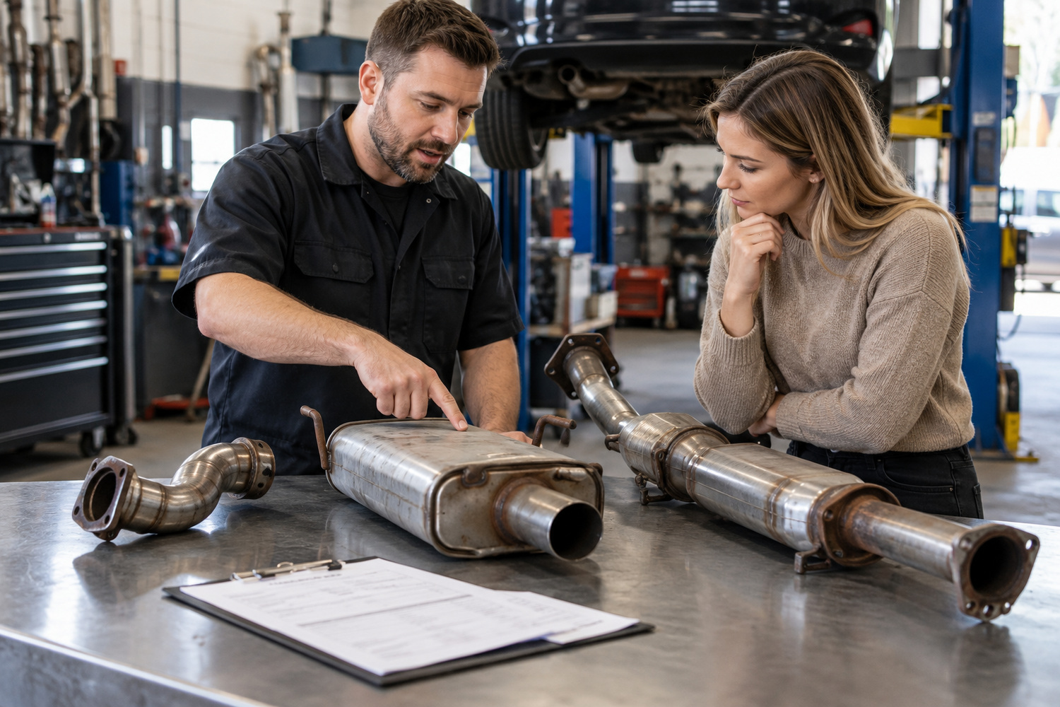 An exhaust adviser discusses different repair scopes with a customer beside a short pipe, muffler and longer exhaust assembly.