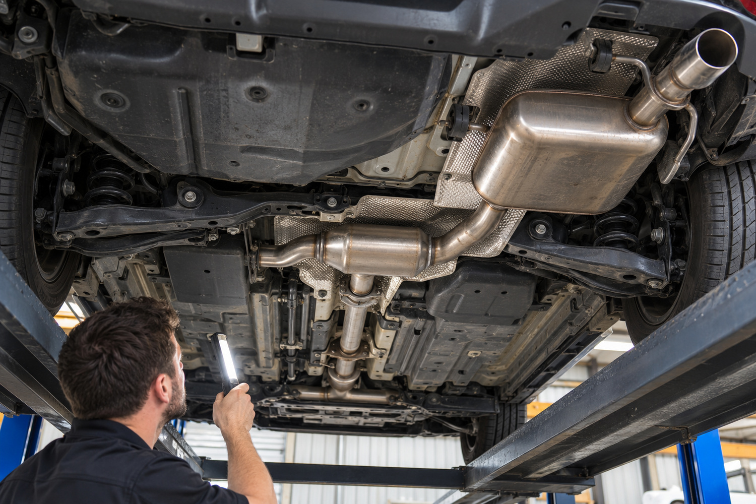 A technician inspects the connected exhaust route beneath a car on a four-post hoist.