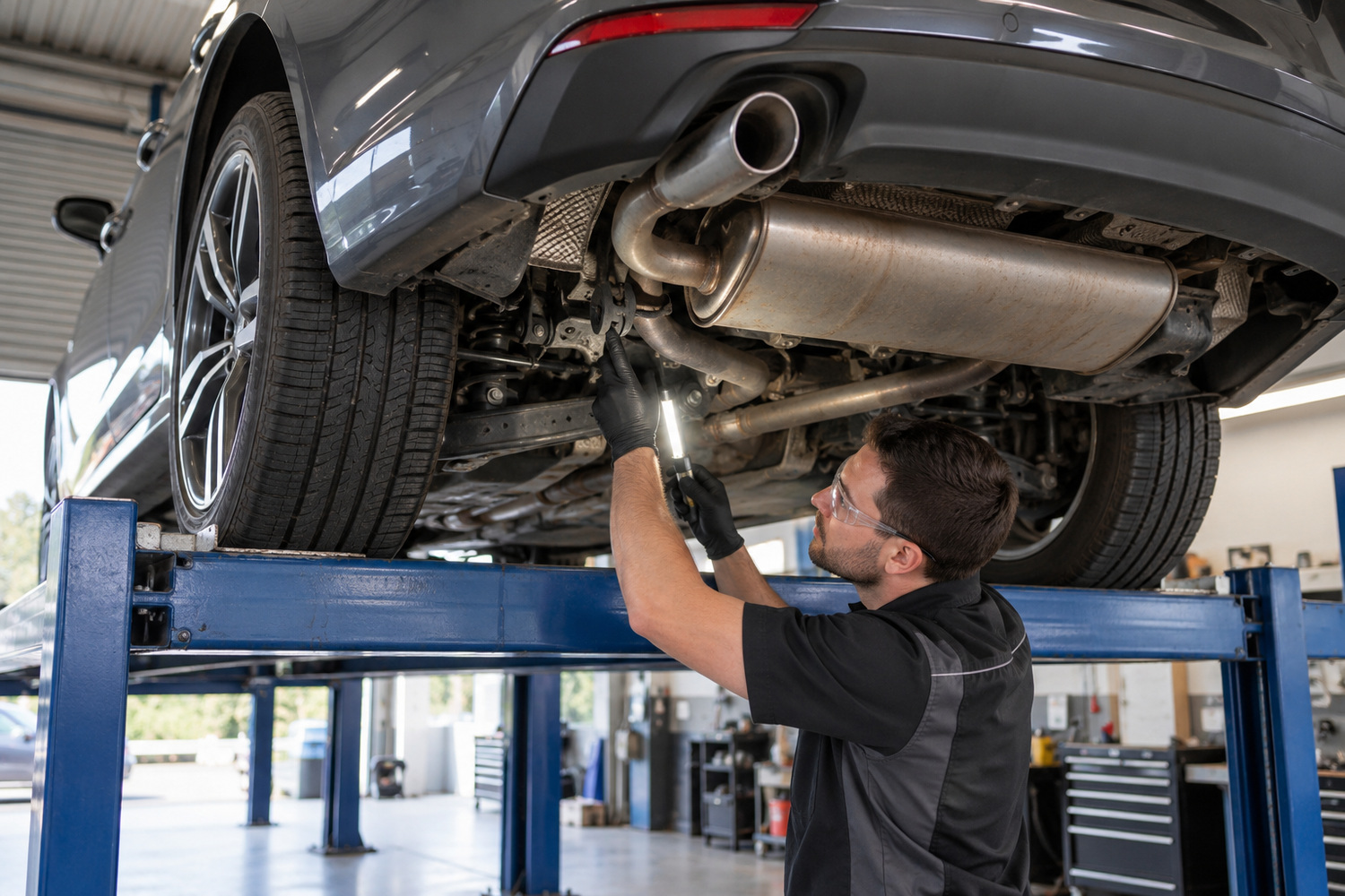 A technician checks an exhaust hanger and muffler beneath a car supported on an inspection hoist.